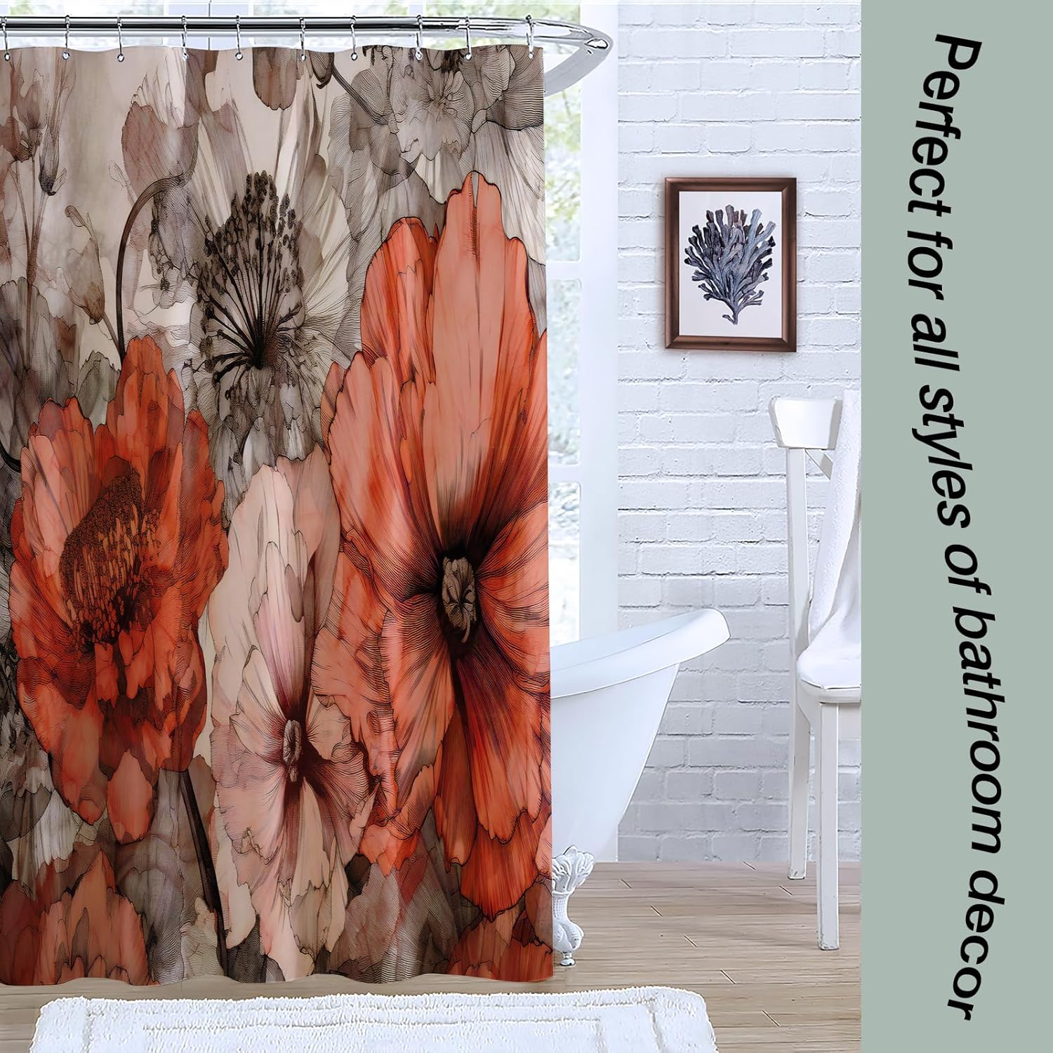YAEHOCO Brown Red Flower Shower Curtain 72x72 Inch 1
