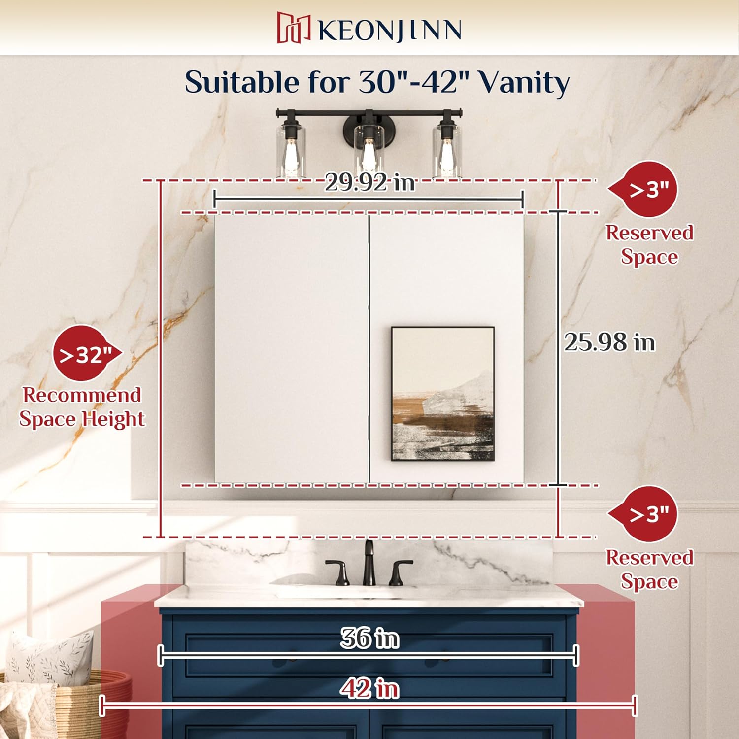 Keonjinn 30x26 Inch Medicine Cabinet with Mirror Silver Frame