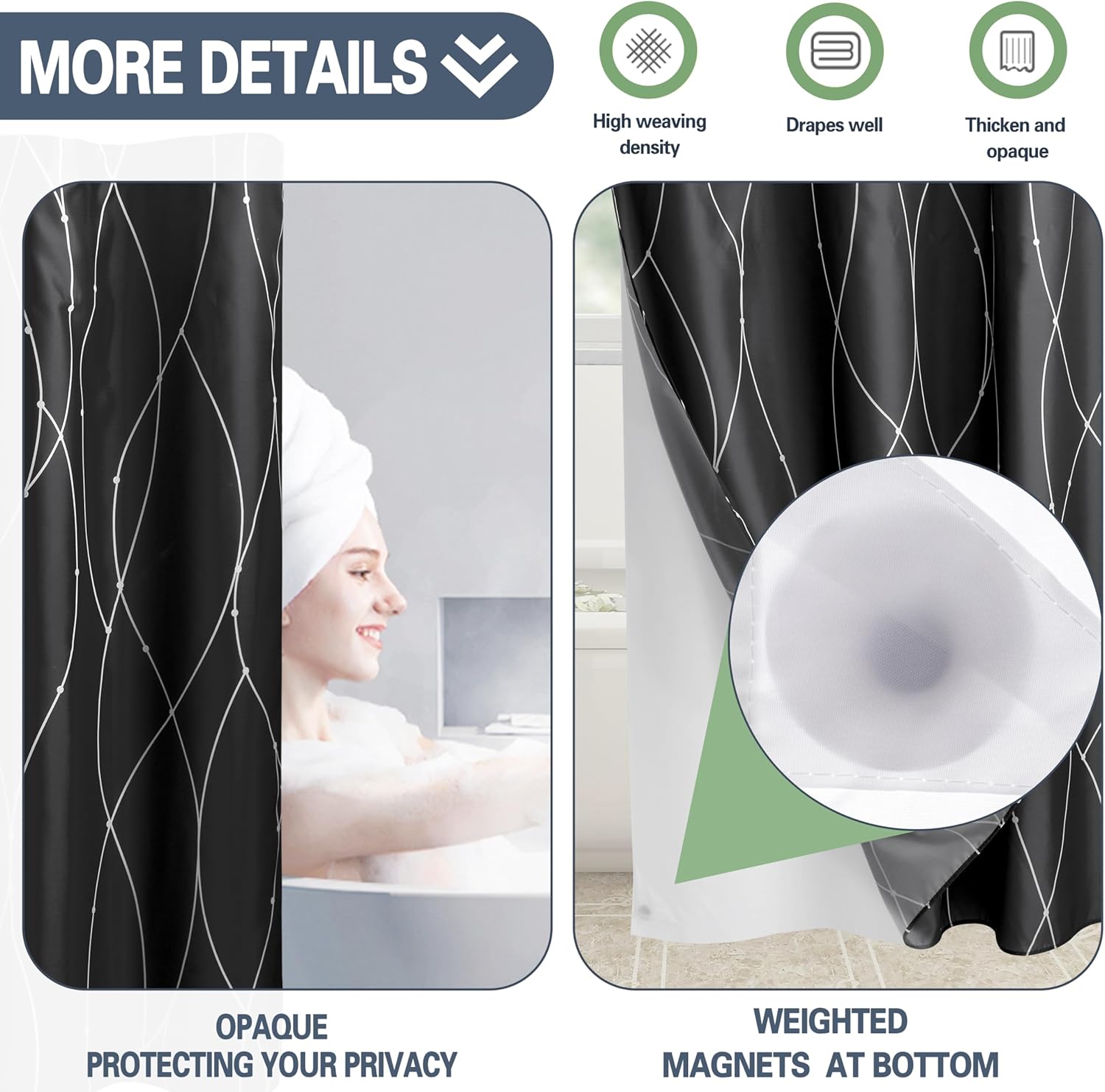 KONZENT Black White Striped Shower Curtain with Snap-In Liner