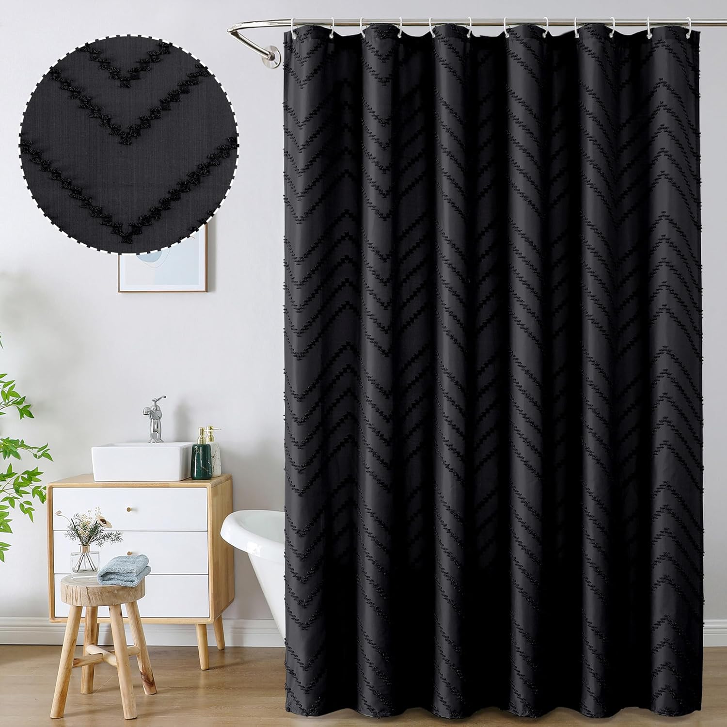 Chevron Extra Long Black Boho Shower Curtain 72x96