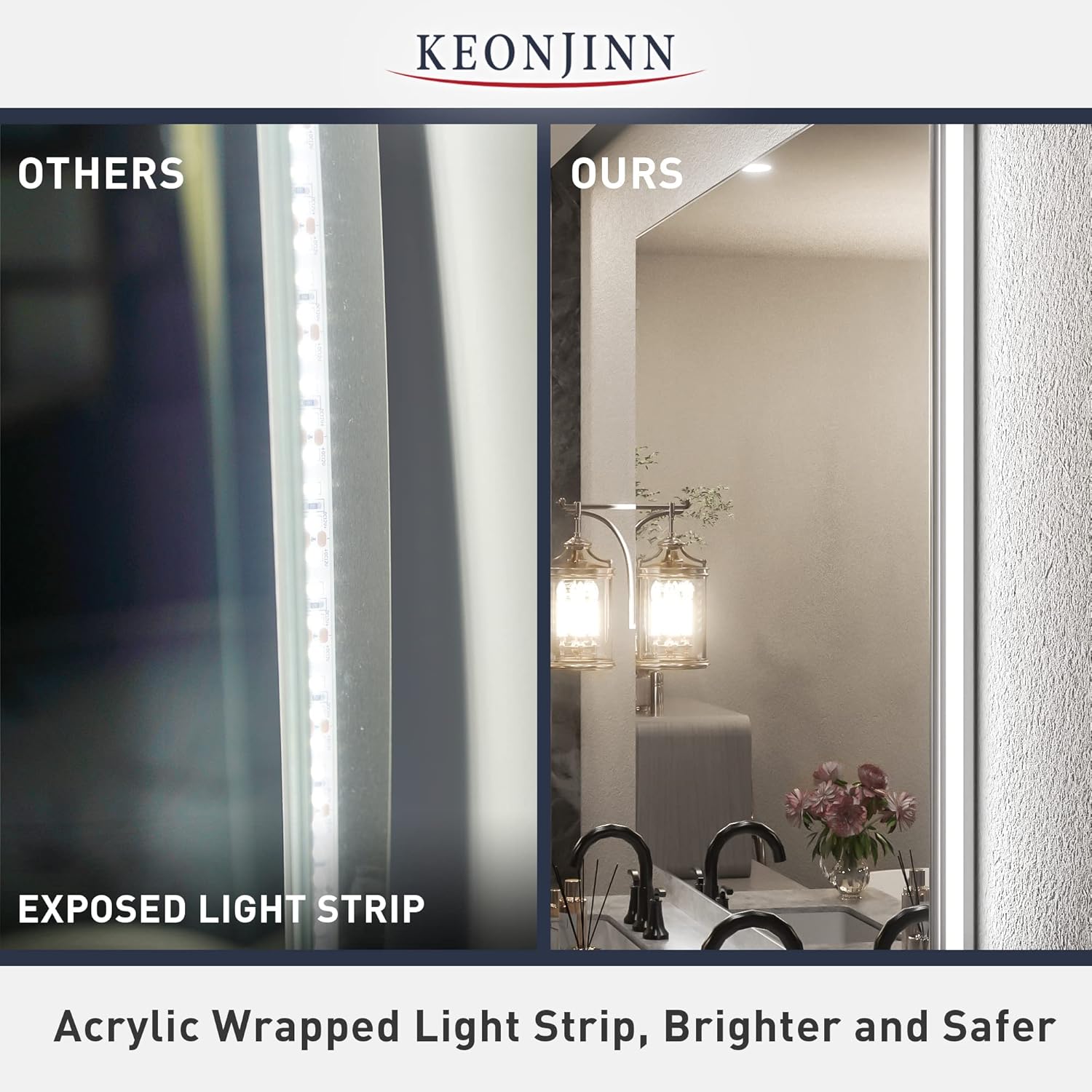 Keonjinn 72 x 36 Inch Backlit LED Mirror with Acrylic Light Strips