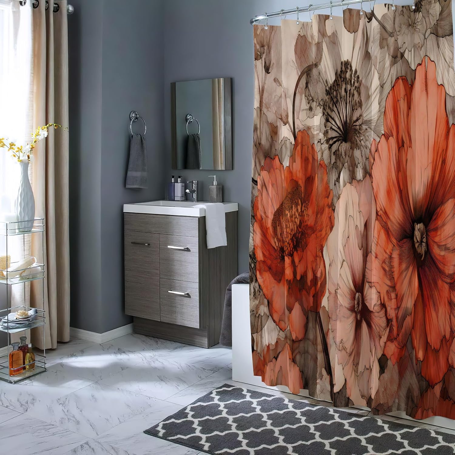 YAEHOCO Brown Red Flower Shower Curtain 72x72 Inch 1