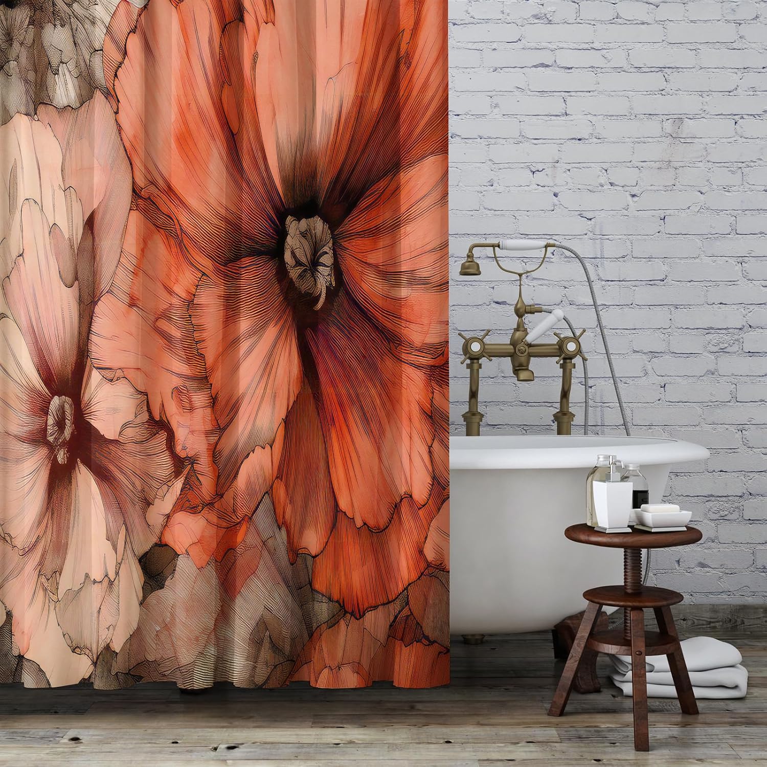 YAEHOCO Brown Red Flower Shower Curtain 72x72 Inch 1