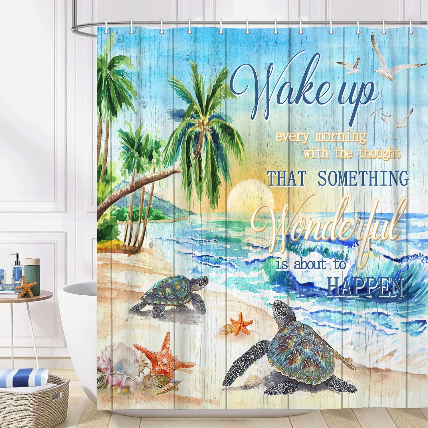 Beach Turtle Shower Curtain with Hooks 72x72