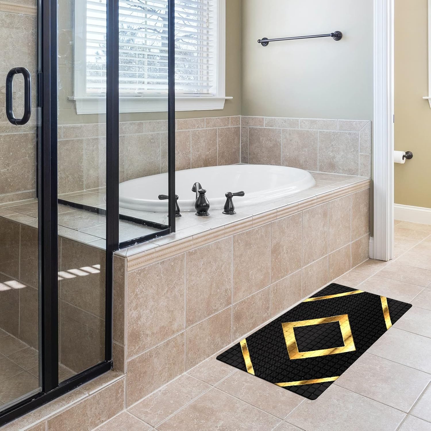 Extra Long Black Gold Geometry Bathtub Mat