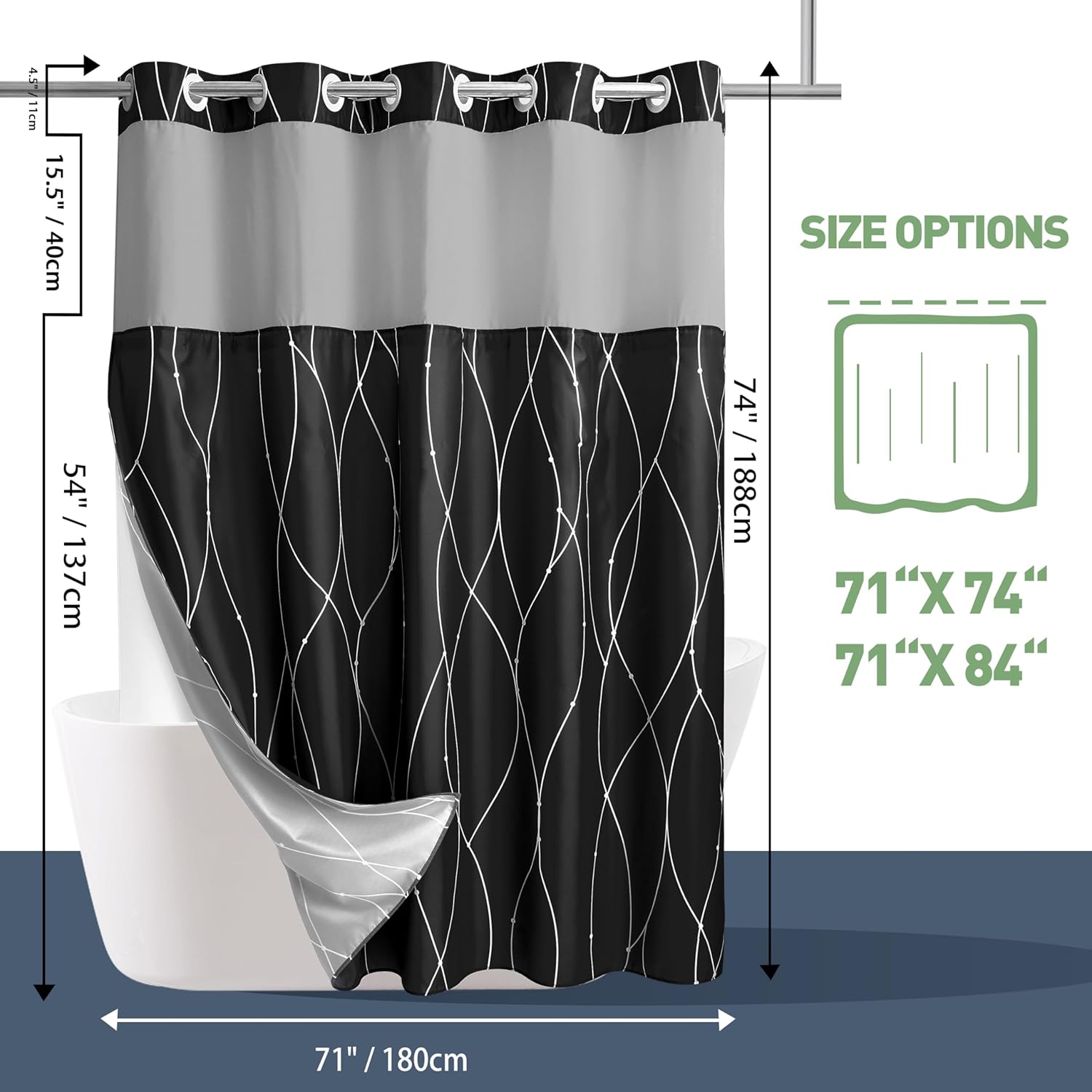 KONZENT Black White Striped Shower Curtain with Snap-In Liner