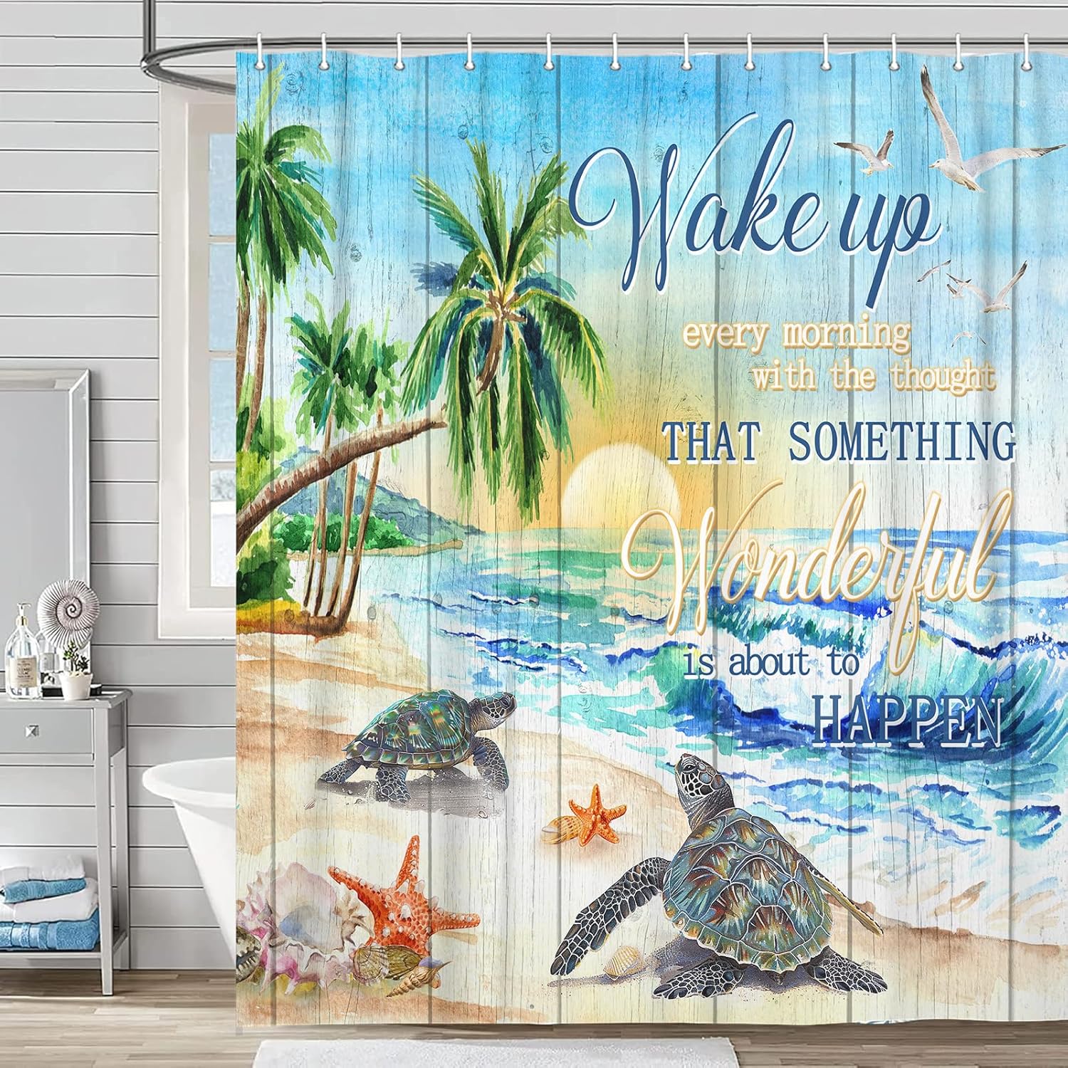 Beach Turtle Shower Curtain with Hooks 72x72
