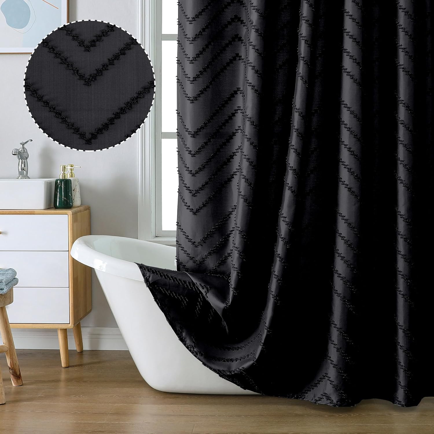 Chevron Extra Long Black Boho Shower Curtain 72x96