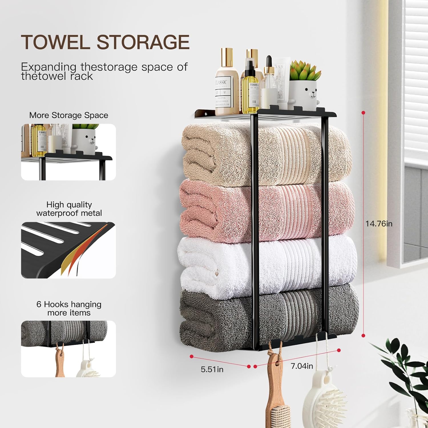 KISENG Towel Rack with Shelf 6 Hooks for Bathroom