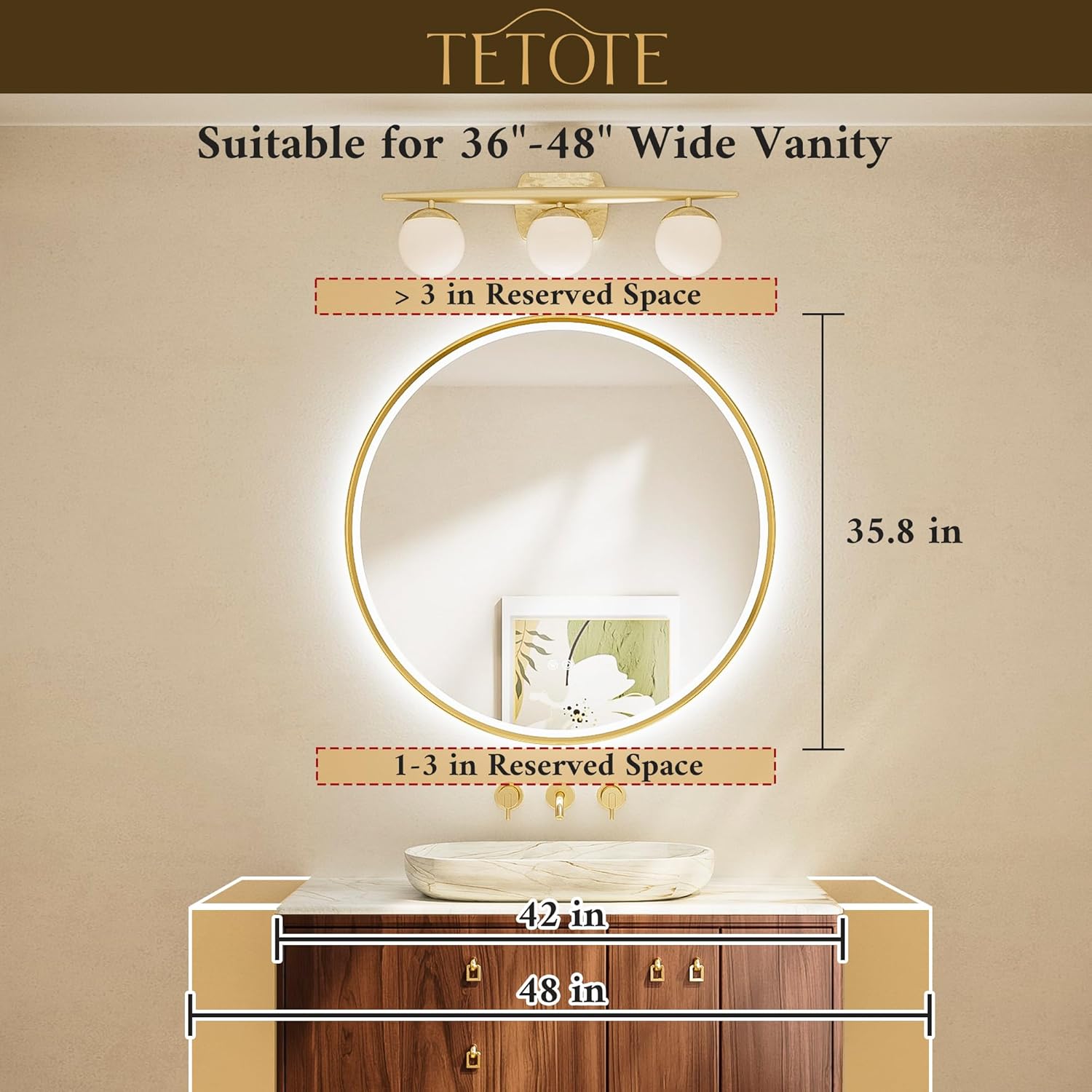 TETOTE 36 Inch Gold Round LED Mirror with Lights and Dimming