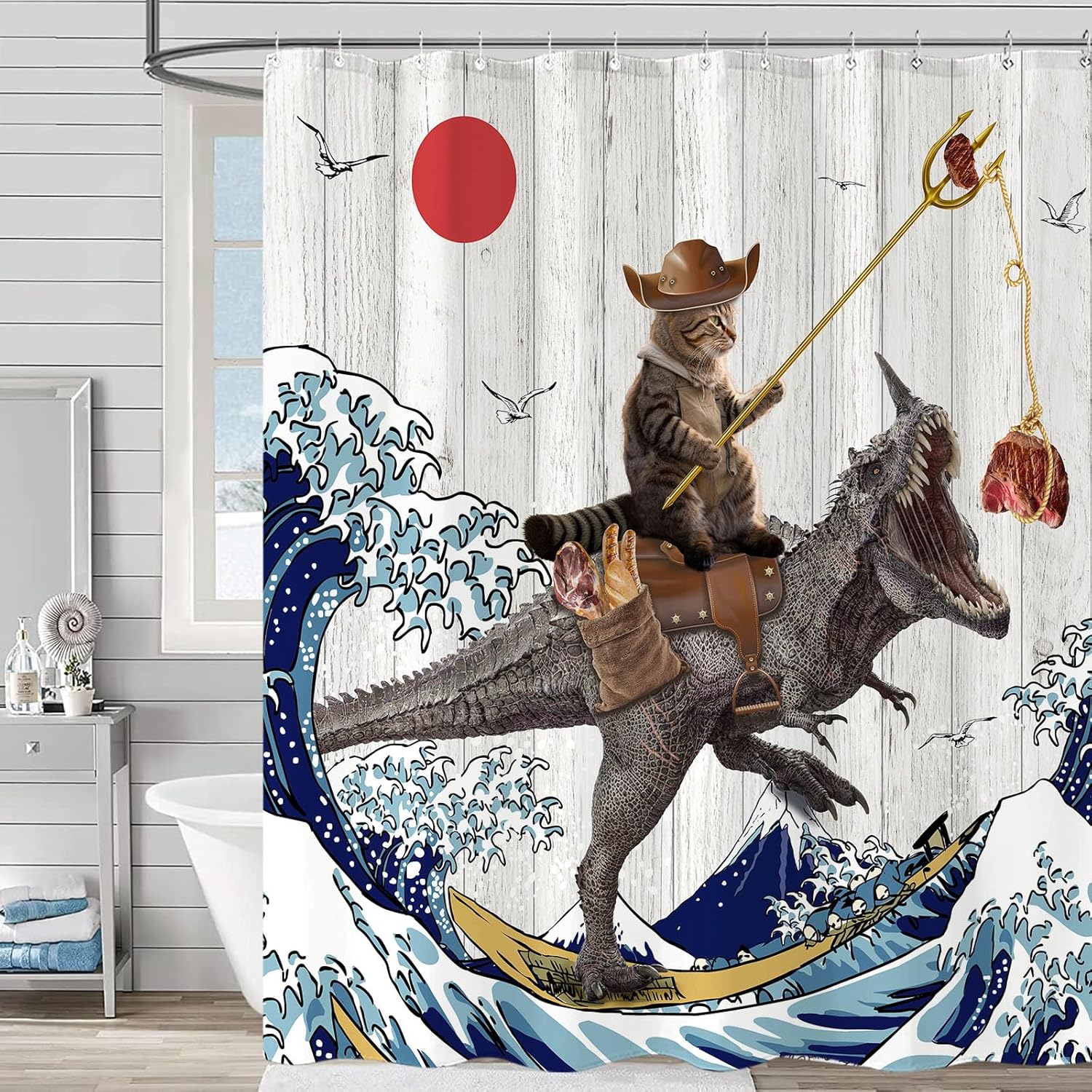 Fowocu Funny Dinosaur Cat Shower Curtain