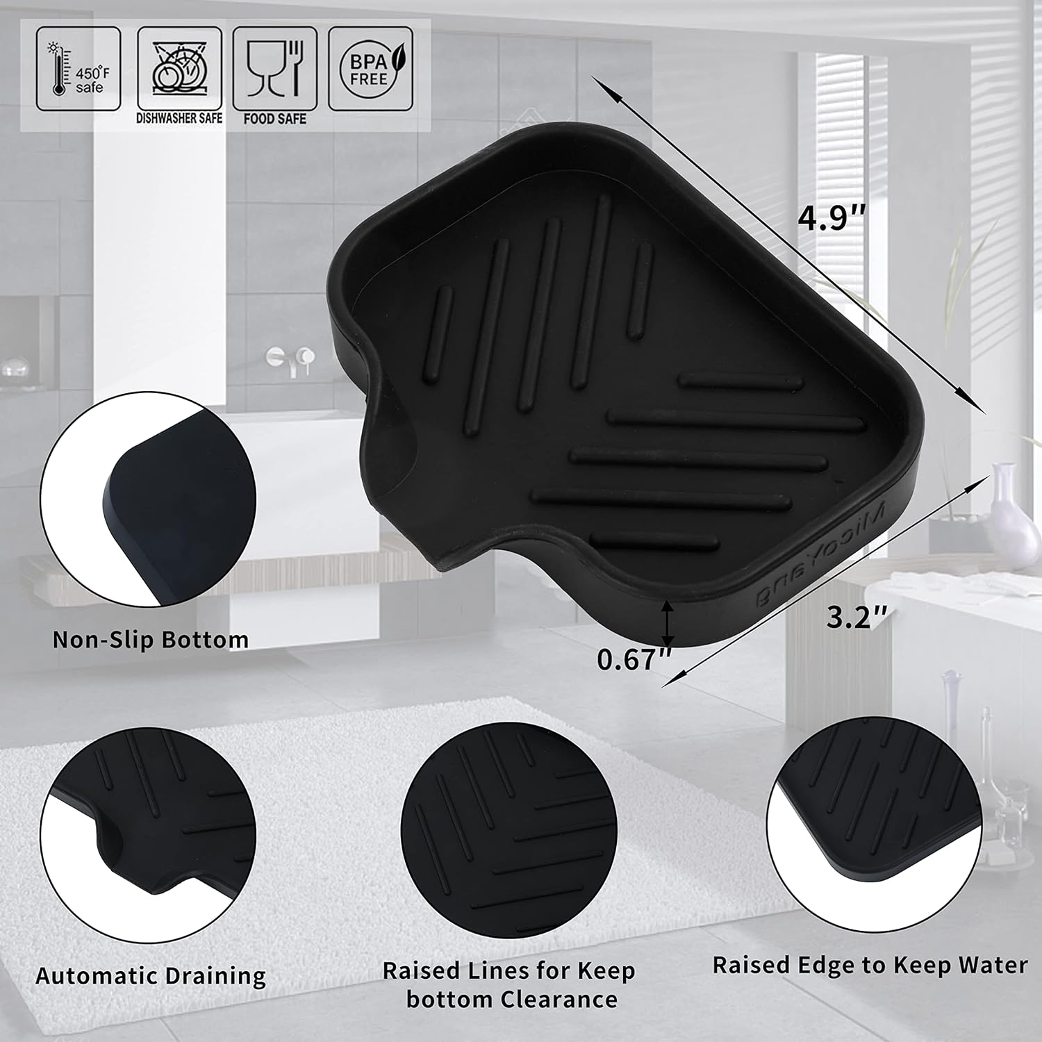 MicoYang Silicone Soap Dish with Drain Spout - Black 49x32 1