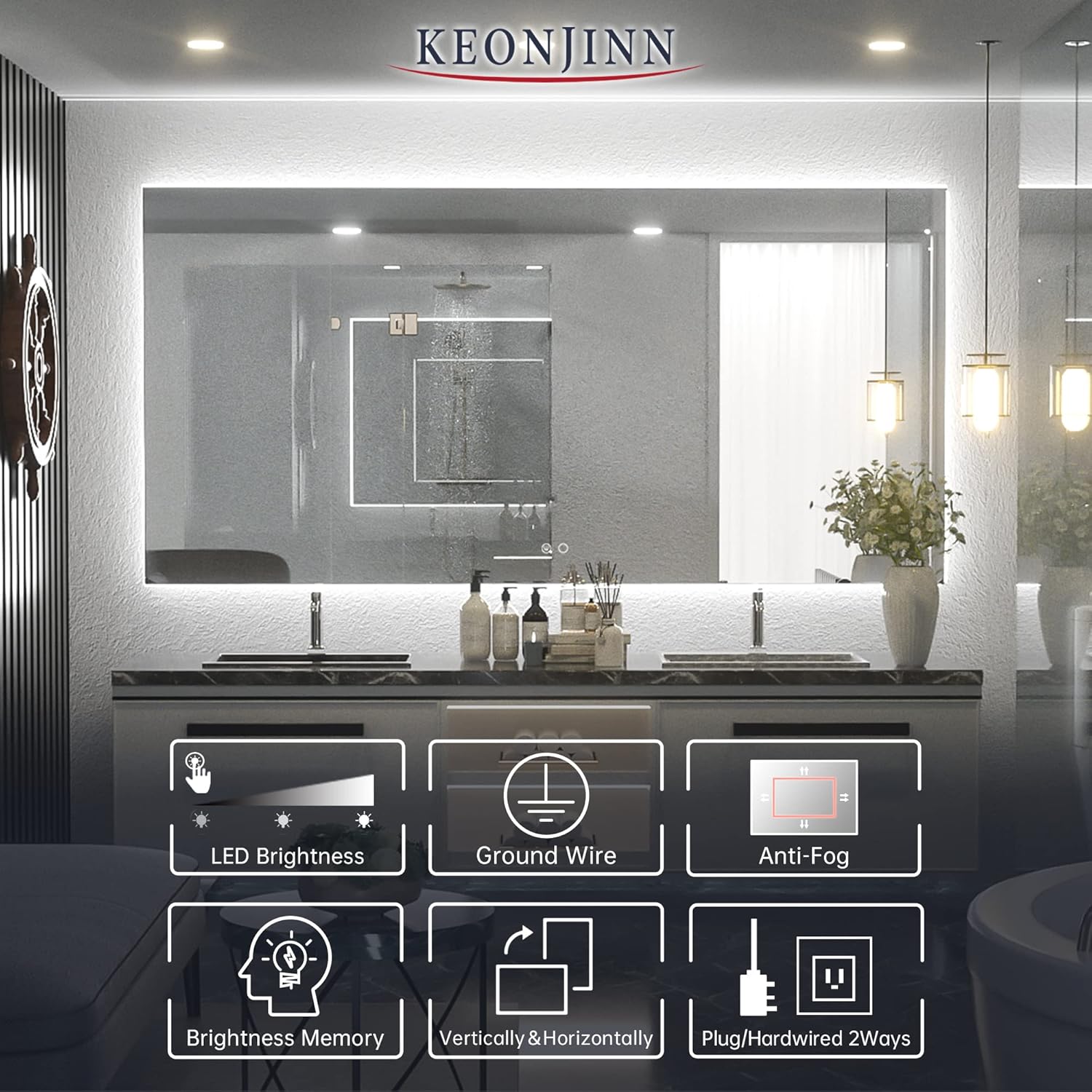 Keonjinn 72 x 36 Inch Backlit LED Mirror with Acrylic Light Strips