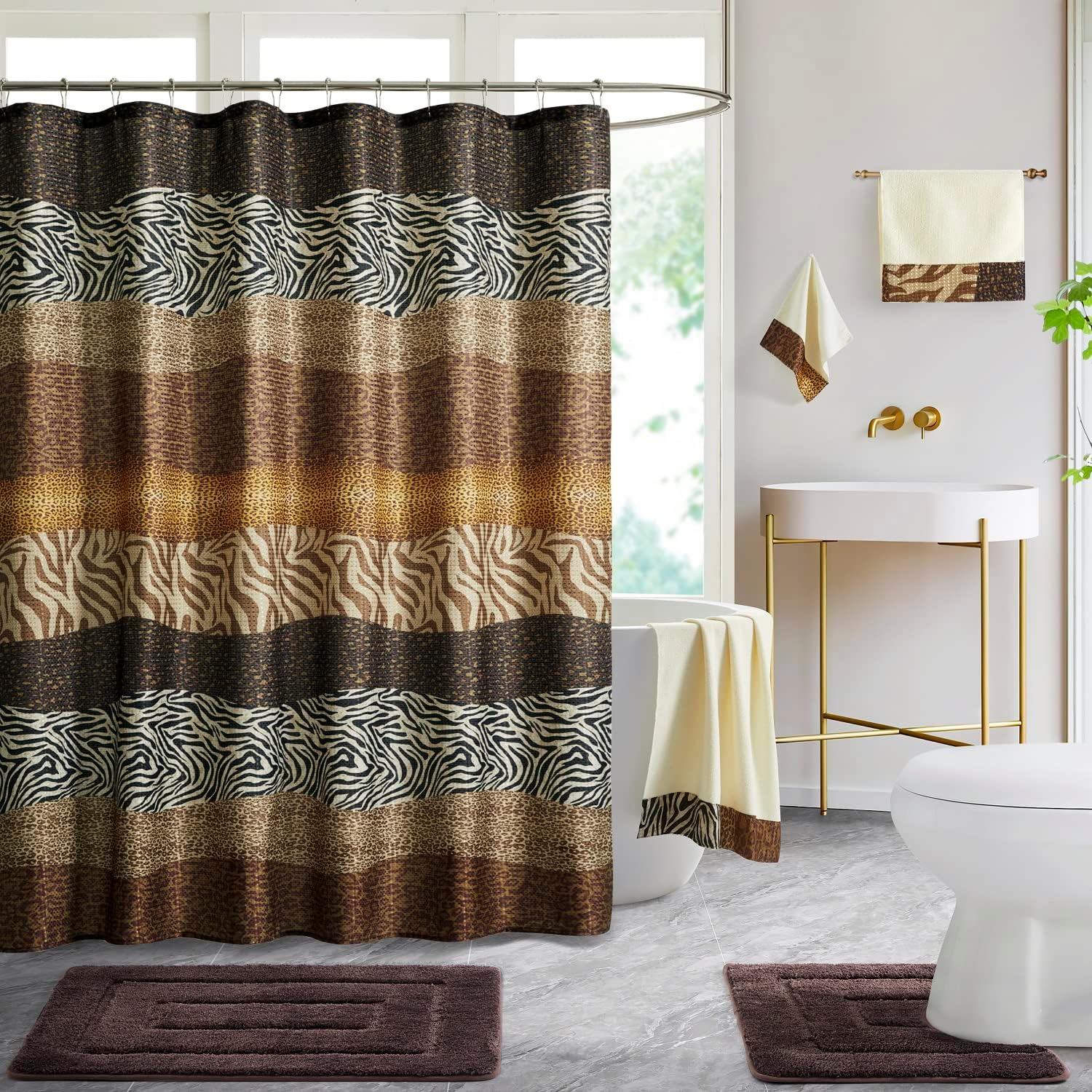WPM Leopard Print Animal Coffee Bath Rug and Shower Curtain Set