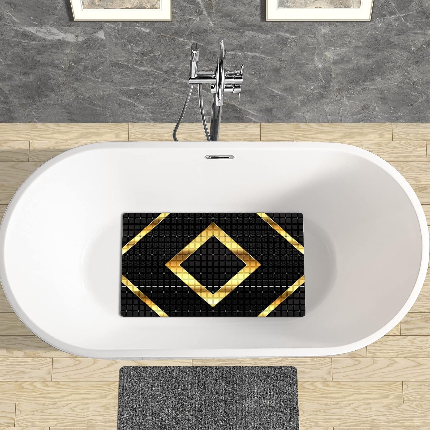 Extra Long Black Gold Geometry Bathtub Mat