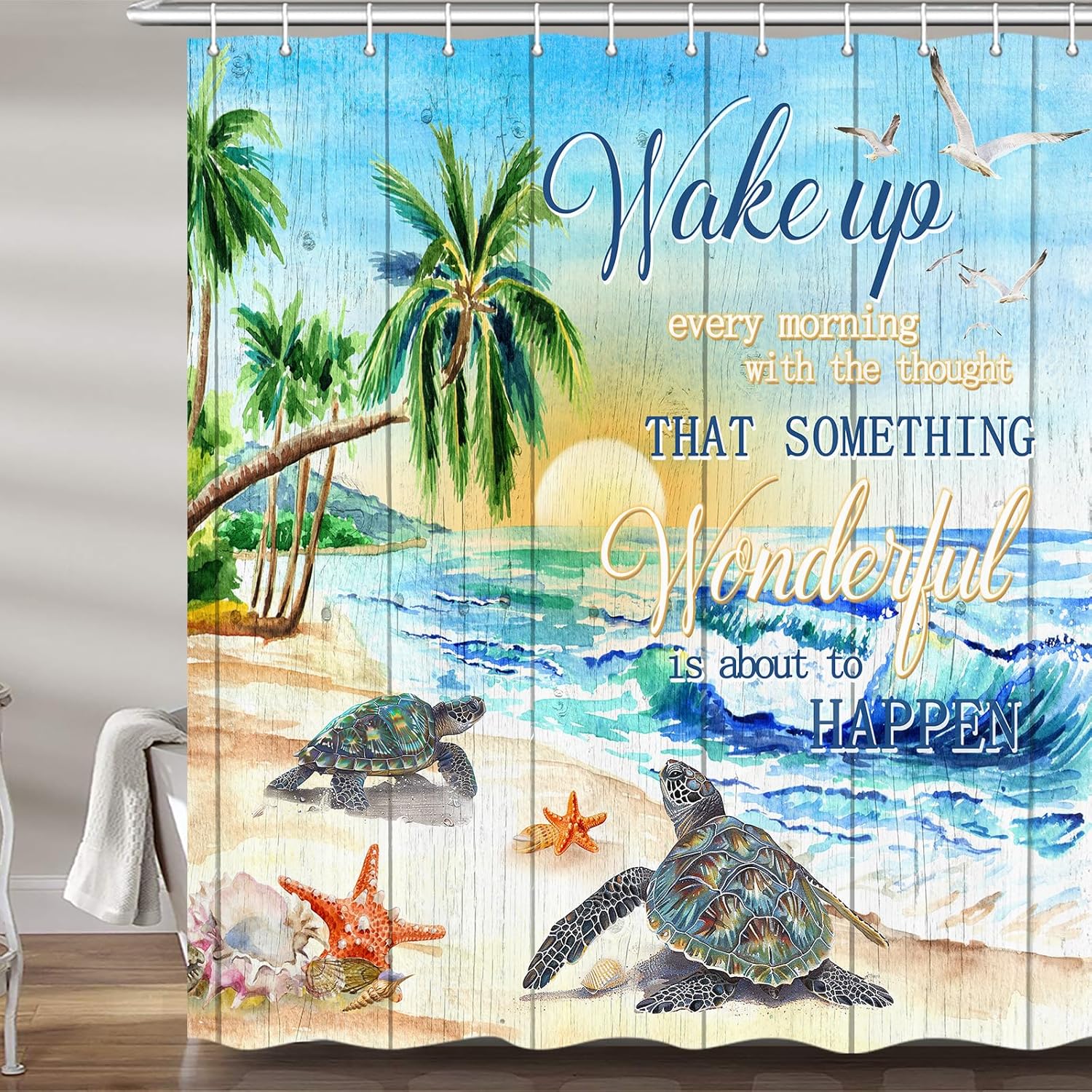 Beach Turtle Shower Curtain with Hooks 72x72