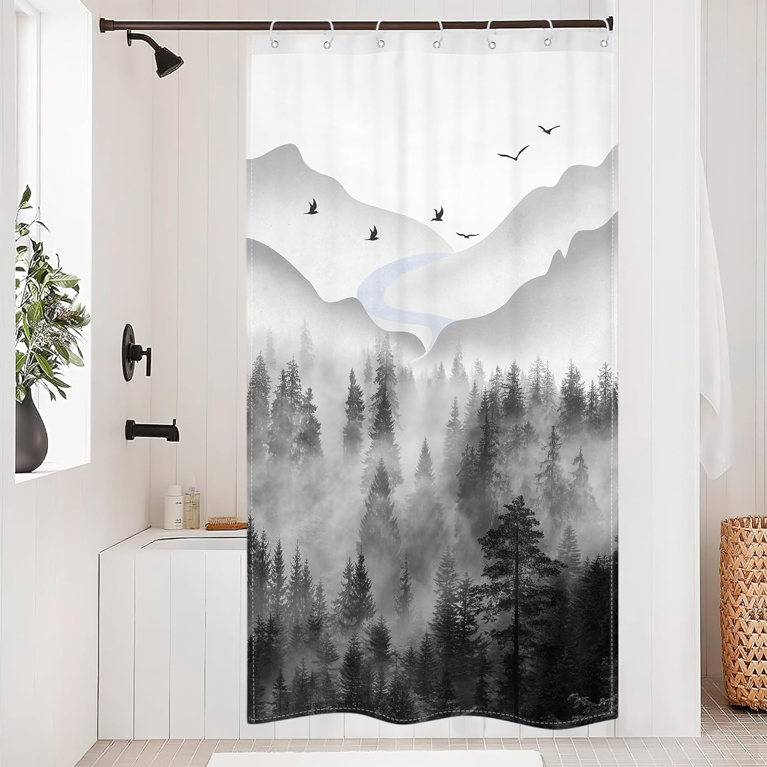 Riyidecor Misty Rainforest Shower Curtain 7 Pack Hooks