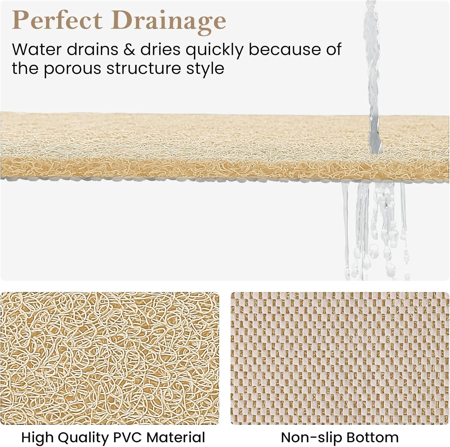 SoftDuo Non-Slip Shower Mat 32x24 inch Phthalate Free Quick Drying Khaki