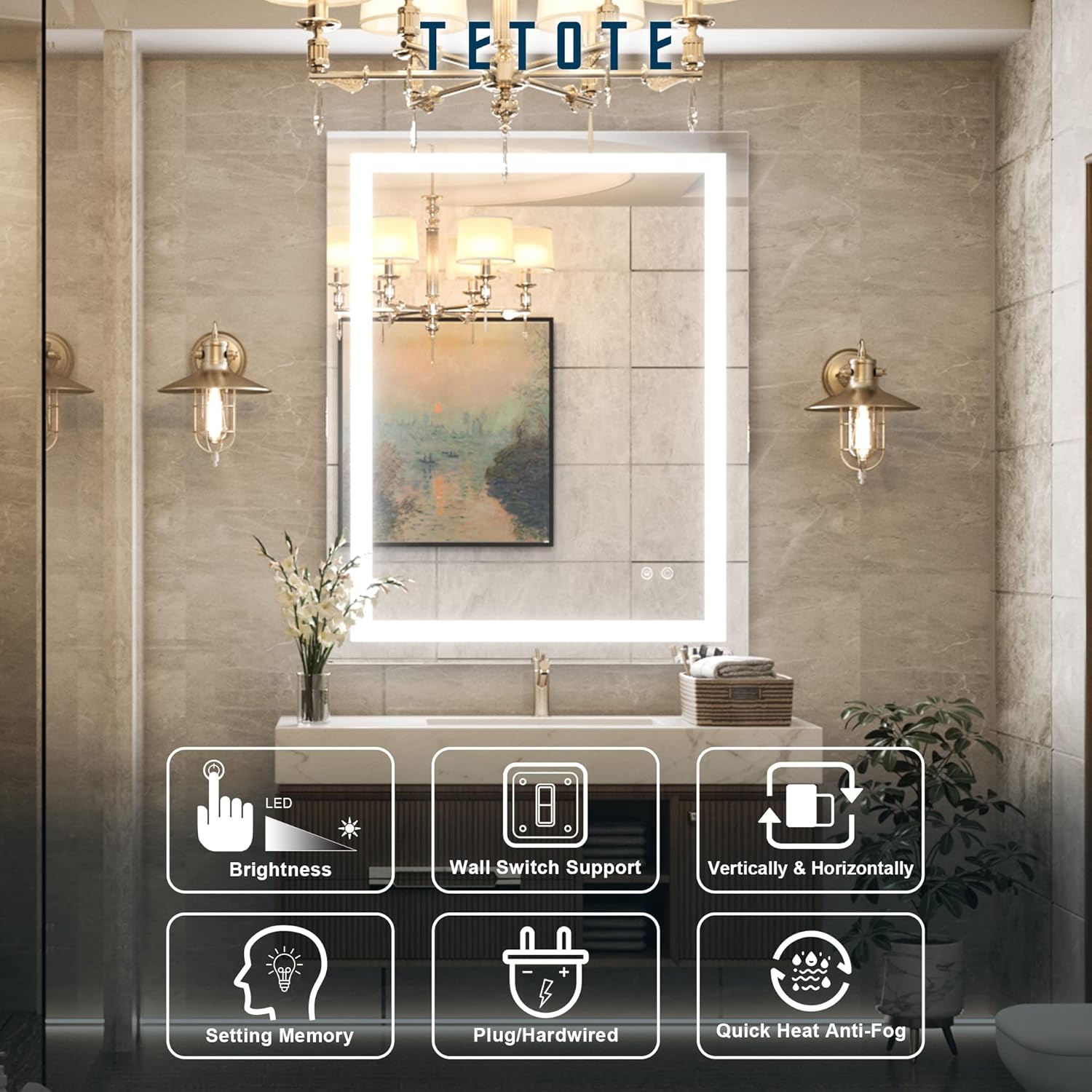 TETOTE 30x36 LED Vanity Mirror with Dimmable Lights and Anti-Fog Function