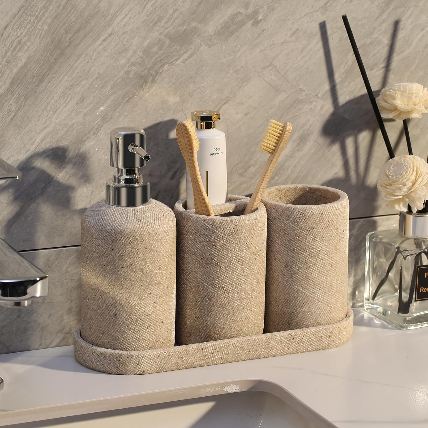 Haocoott Bathroom Accessories Set 4 Pieces Modern Decor Beige