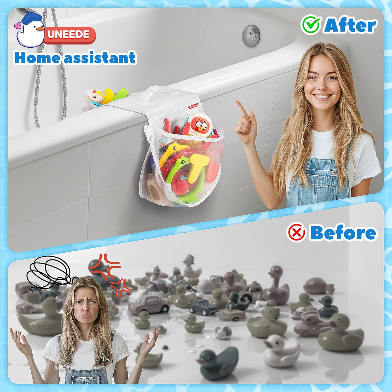 UNEEDE Bathtub Toy Organizer with Grip and Pockets