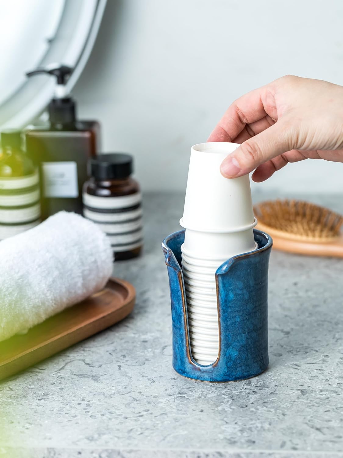 YHOJOY Ceramic Cup Holder 3 Oz Blue Bathroom Dispenser