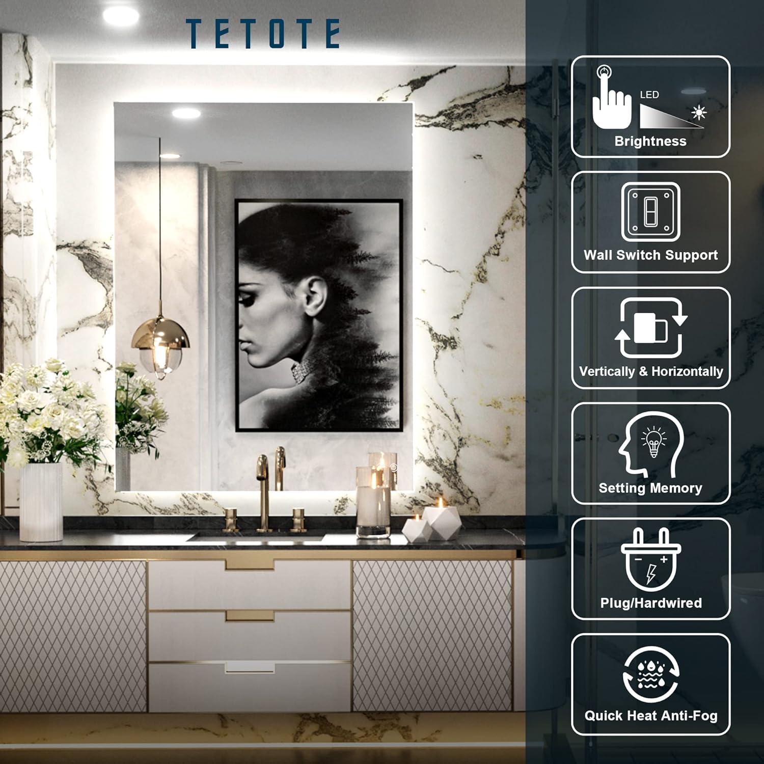 TETOTE 36x28 Inch LED Backlit Mirror with Light and Anti-Fog
