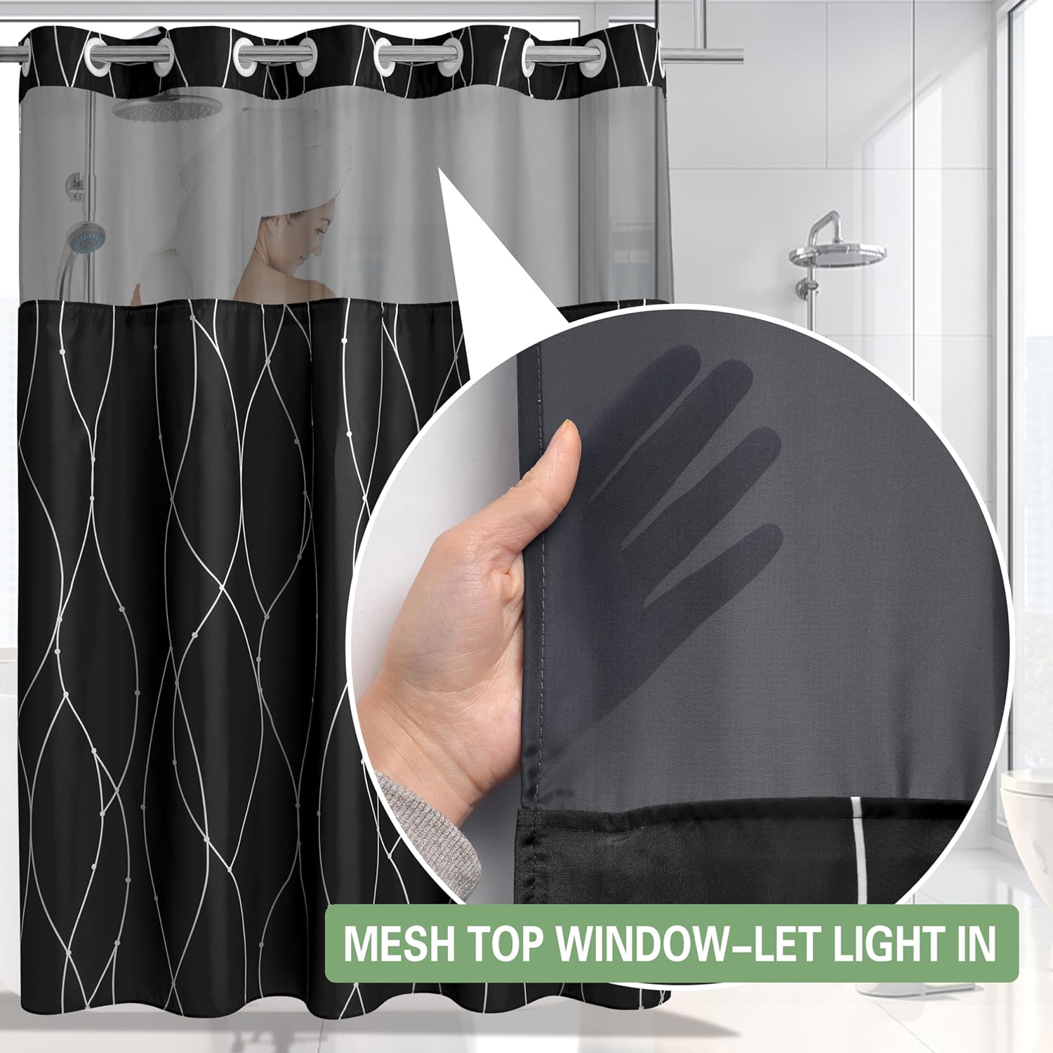 KONZENT Black White Striped Shower Curtain with Snap-In Liner