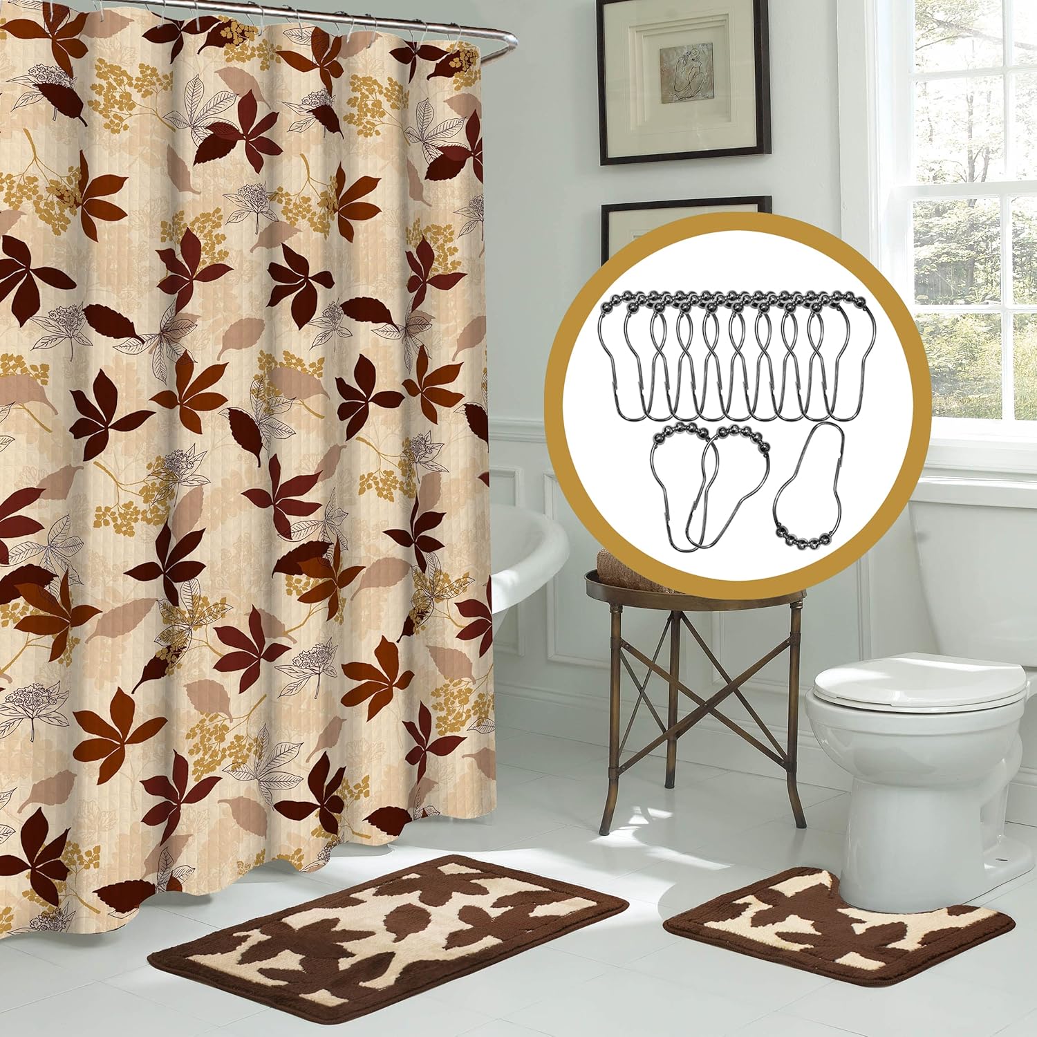 Creative Home Ideas 15-Piece Shower Set 72x72 Blowing Leaves Chocolate