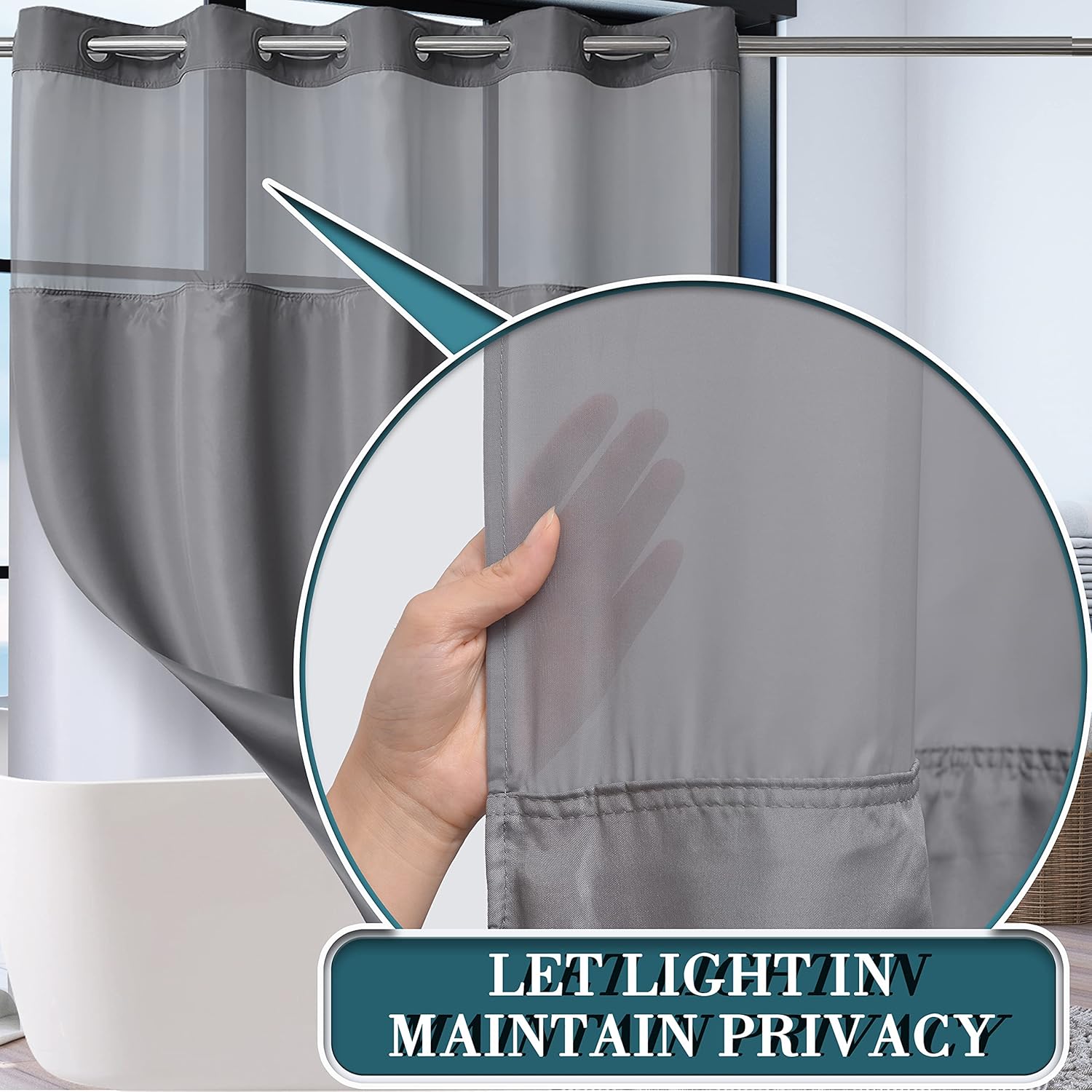 Conbo Mio Grey Shower Curtain Liner with Snap In Design