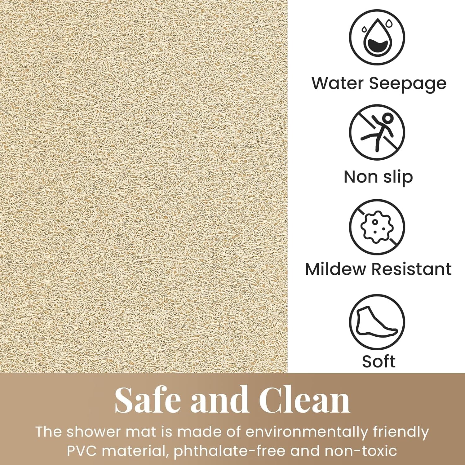 SoftDuo Non-Slip Shower Mat 32x24 inch Phthalate Free Quick Drying Khaki